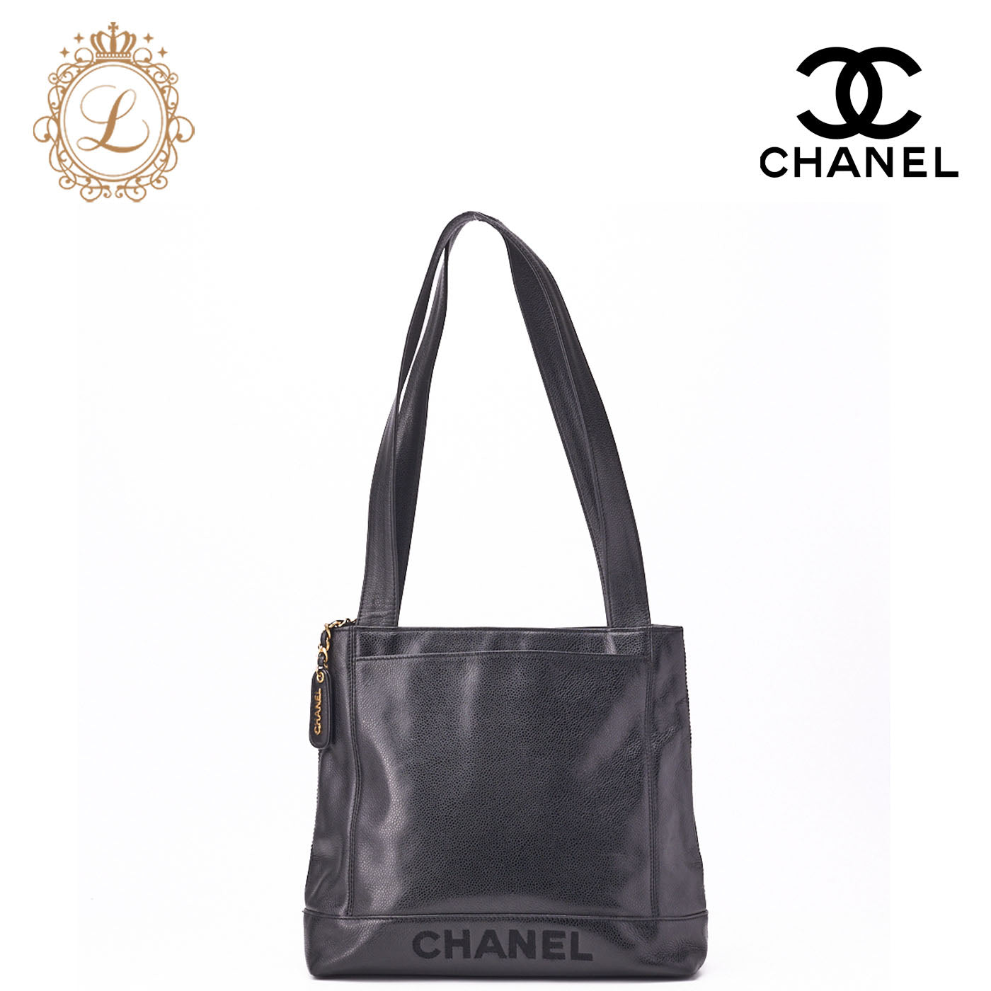 Chanel Tote Bag Logo Mark Plate Charm Caviar Leather Black Gold-Tone Hardware Pre-Owned - Vintage La Charme