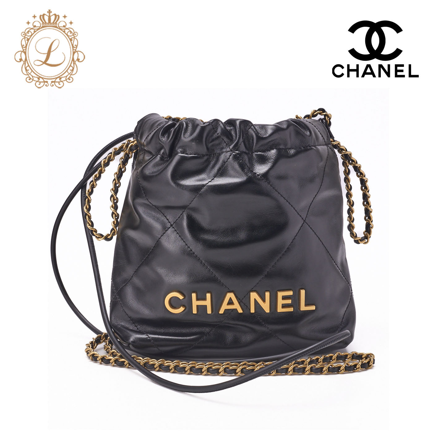 Chanel 22 Mini Chain Shoulder Bag, Drawstring, Calfskin, Black, Gold-Tone Hardware, Pre-Owned - Vintage La Charme