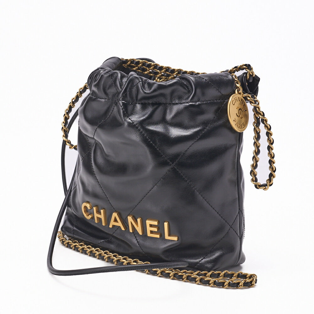 Chanel 22 Mini Chain Shoulder Bag, Drawstring, Calfskin, Black, Gold-Tone Hardware, Pre-Owned - Vintage La Charme