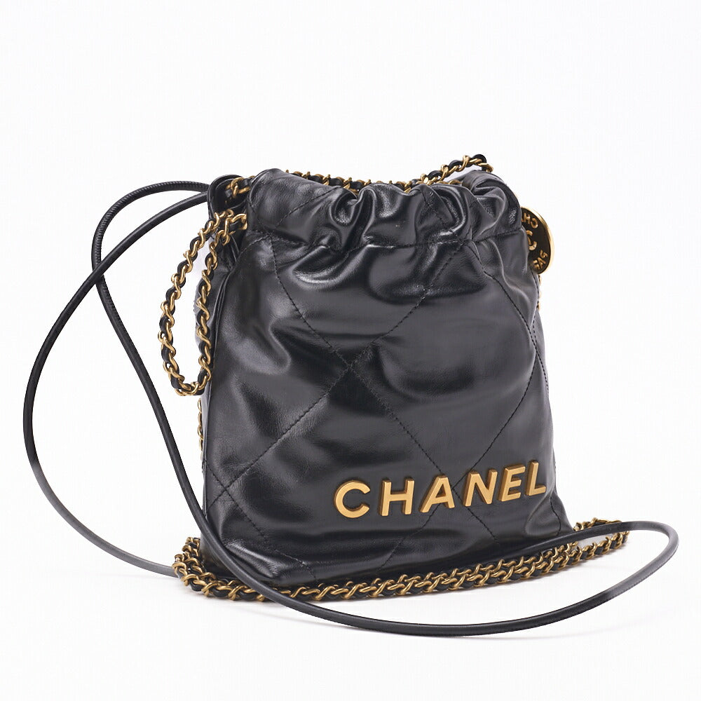 Chanel 22 Mini Chain Shoulder Bag, Drawstring, Calfskin, Black, Gold-Tone Hardware, Pre-Owned - Vintage La Charme