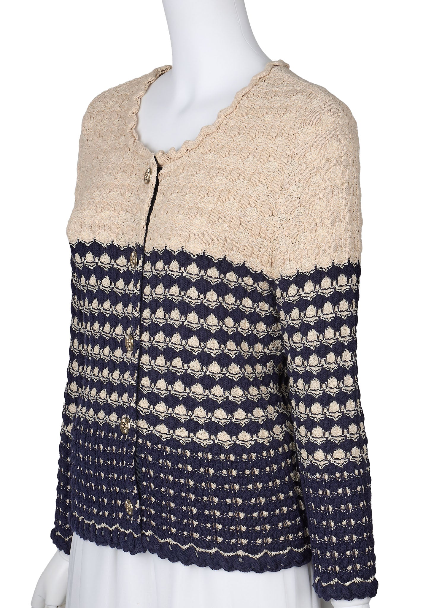CHANEL Cardigan, Coco Button, Knit, Rayon Blend, Beige, Gold-Tone Hardware, Pre-Owned - Vintage La Charme
