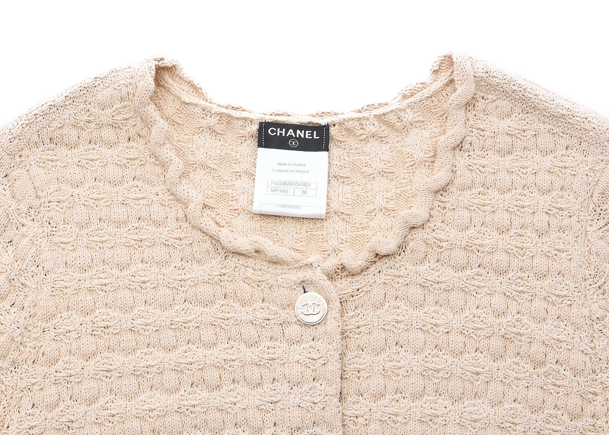 CHANEL Cardigan, Coco Button, Knit, Rayon Blend, Beige, Gold-Tone Hardware, Pre-Owned - Vintage La Charme
