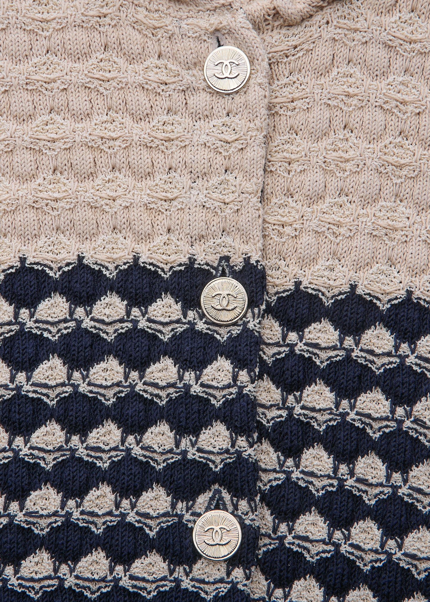 CHANEL Cardigan, Coco Button, Knit, Rayon Blend, Beige, Gold-Tone Hardware, Pre-Owned - Vintage La Charme