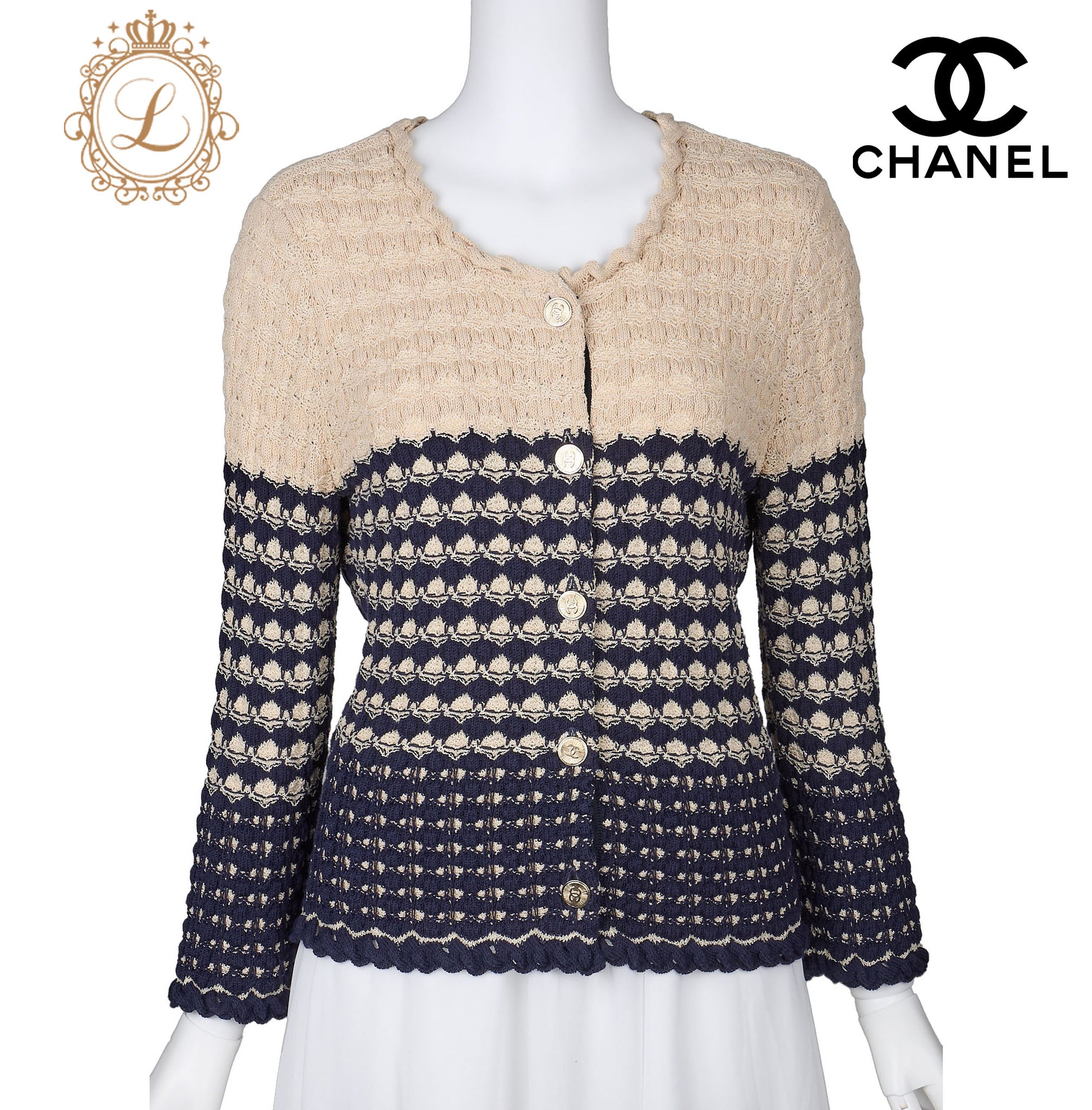 CHANEL Cardigan, Coco Button, Knit, Rayon Blend, Beige, Gold-Tone Hardware, Pre-Owned - Vintage La Charme