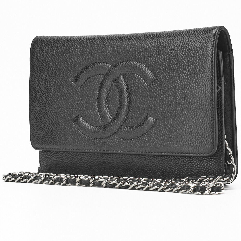CHANEL Shoulder Bag Chain Wallet Caviar Skin Black Silver-Tone Hardware Pre-Owned - Vintage La Charme