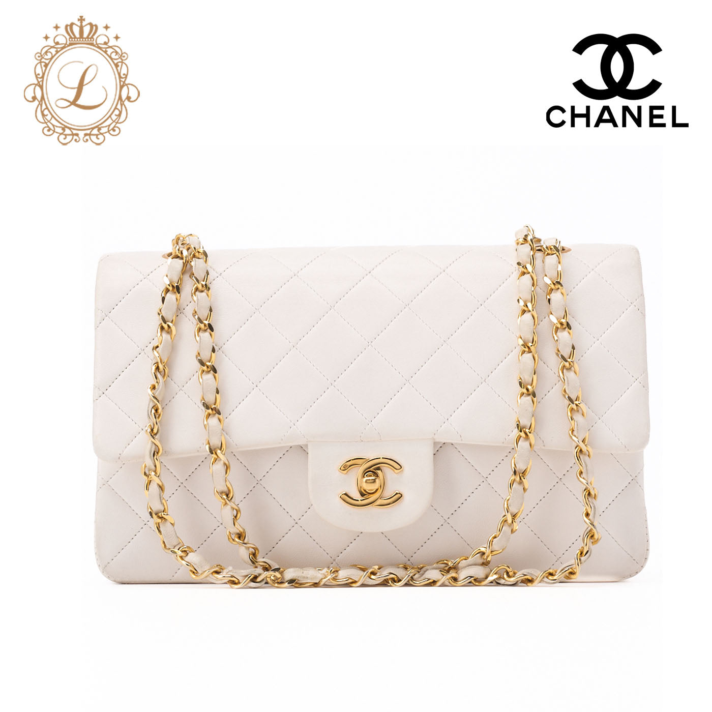 Chanel Shoulder Bag Matelasse Double Flap Lambskin White Gold-Tone Hardware Pre-Owned - Vintage La Charme