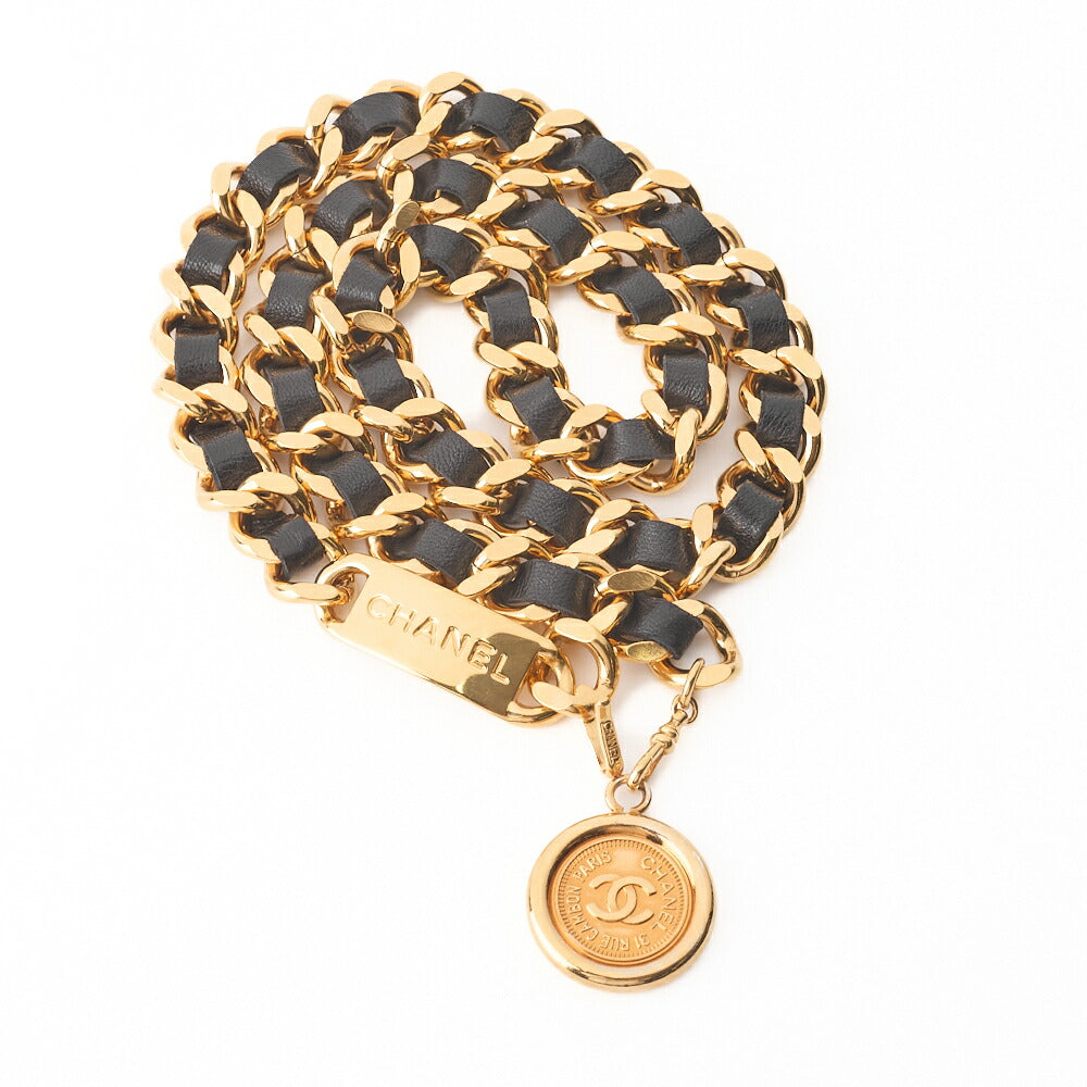 CHANEL Chain Belt, Coco Mark, Gold Plated, Leather, Black, Gold-Tone Hardware, Pre-Owned - Vintage La Charme