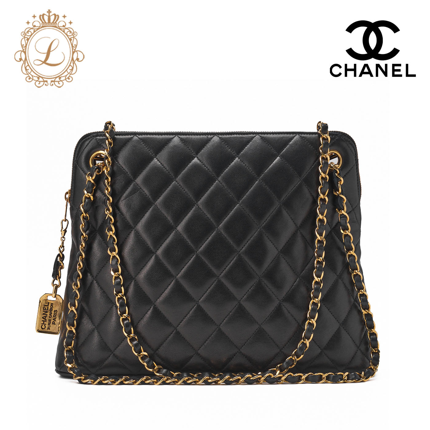 CHANEL Shoulder Bag Matelasse Plate Charm Lambskin Black Gold-Tone Hardware Pre-Owned - Vintage La Charme