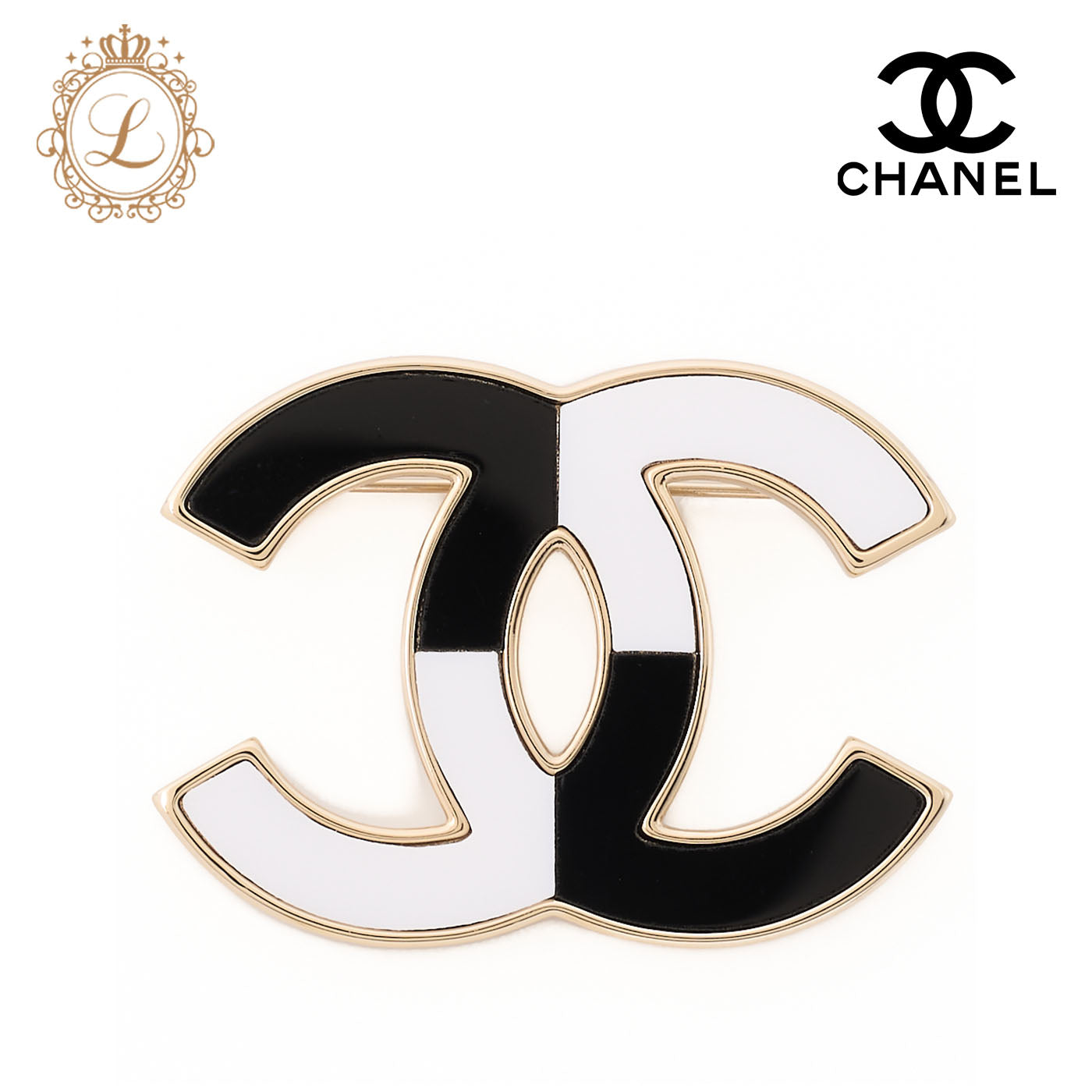 CHANEL Brooch Coco Mark Bicolor Gold Plating Black White Gold-Tone Hardware Pre-Owned - Vintage La Charme