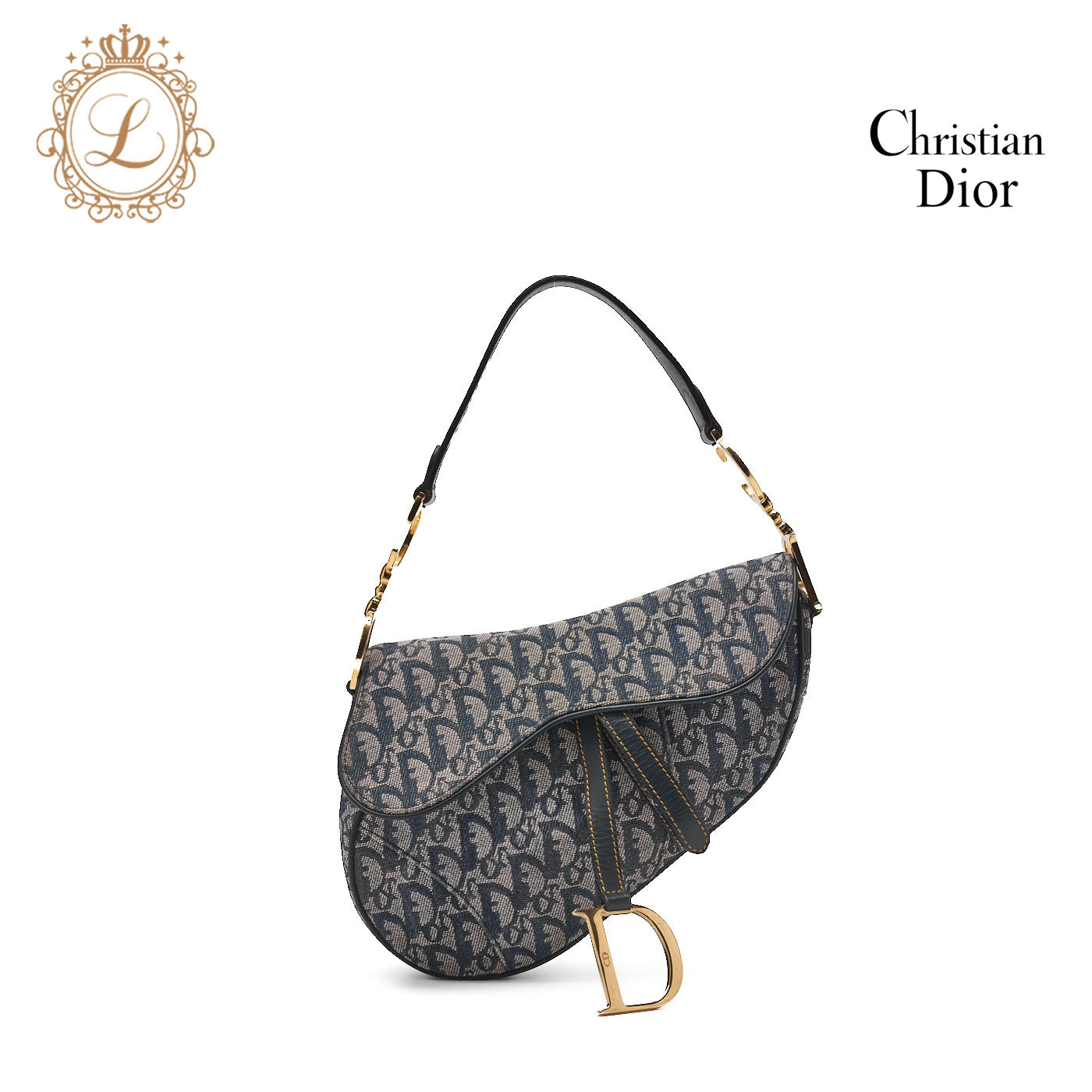 Dior Trotter Saddle Bag Canvas Leather Navy Gold-Tone Hardware Pre-Owned - Vintage La Charme