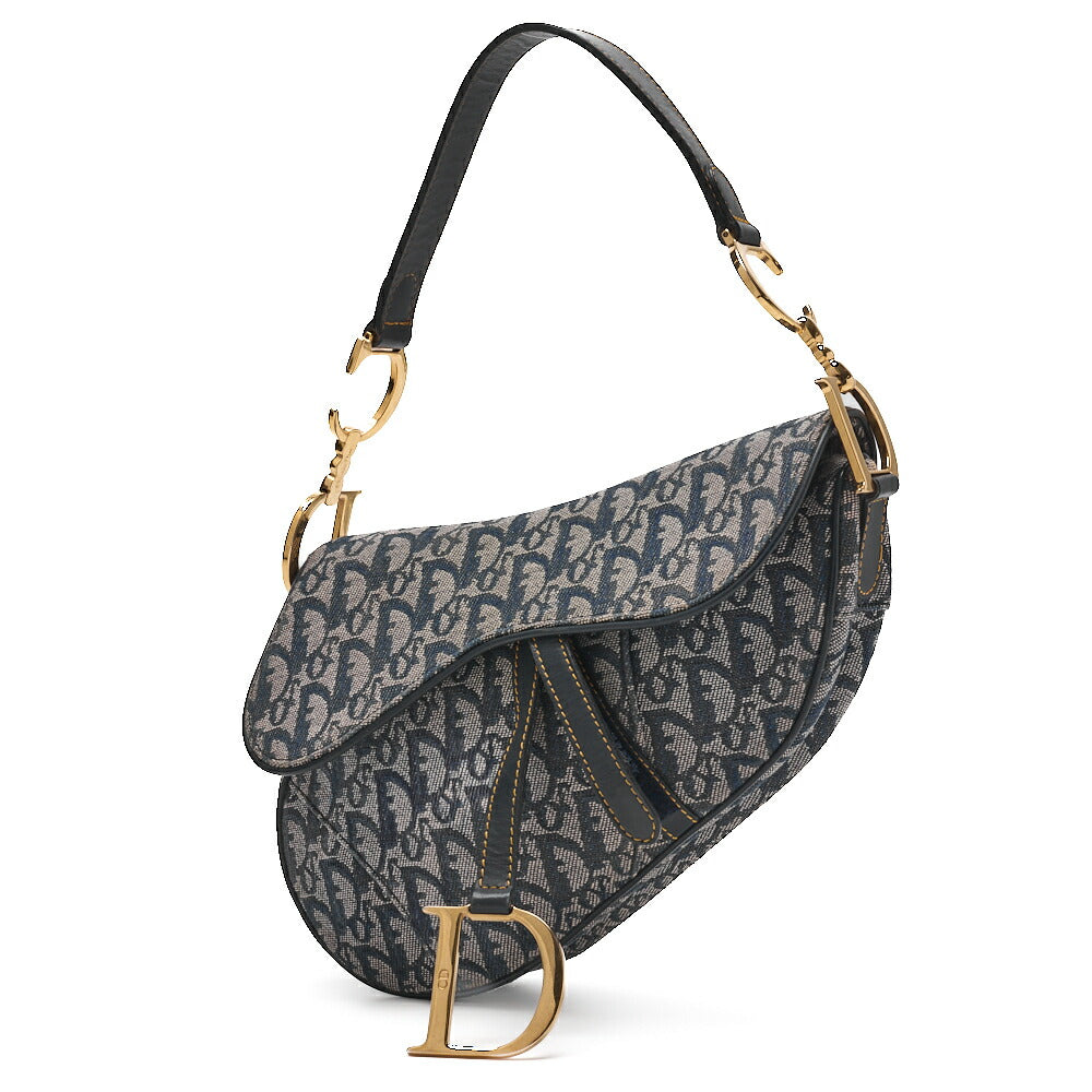 Dior Trotter Saddle Bag Canvas Leather Navy Gold-Tone Hardware Pre-Owned - Vintage La Charme