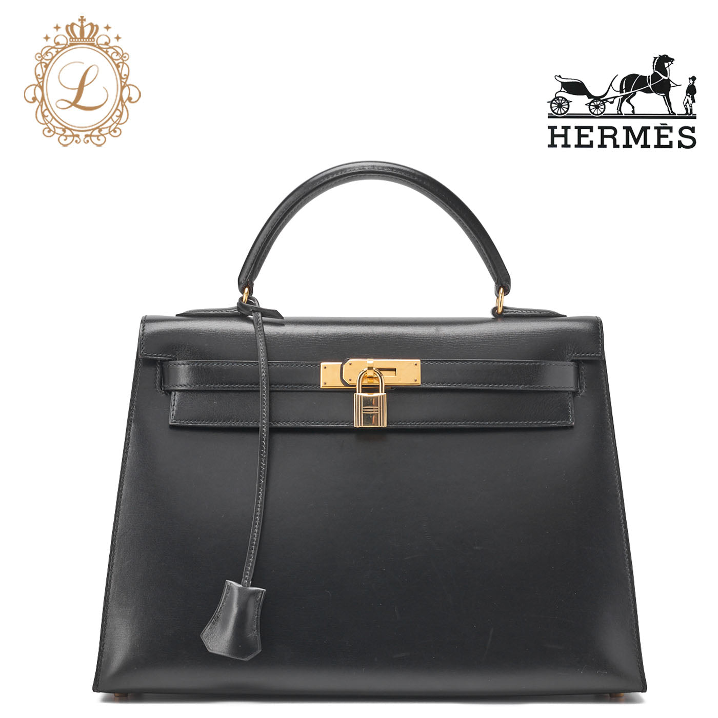 HERMES Kelly 32 Handbag Box Calf Black Gold-Tone Hardware Pre-Owned - Vintage La Charme