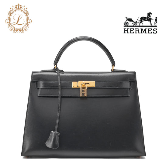 HERMES Kelly 32 Handbag Box Calf Black Gold-Tone Hardware Pre-Owned - Vintage La Charme
