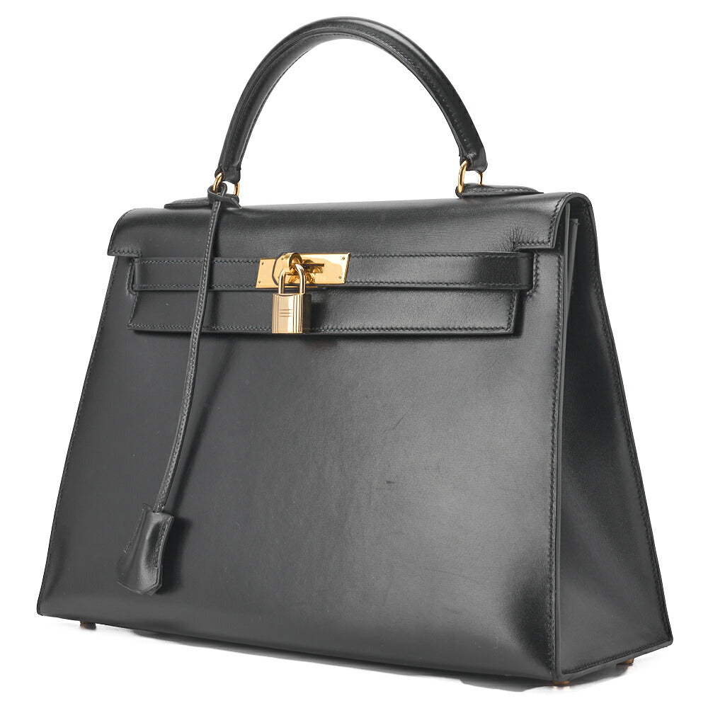 HERMES Kelly 32 Handbag Box Calf Black Gold-Tone Hardware Pre-Owned - Vintage La Charme