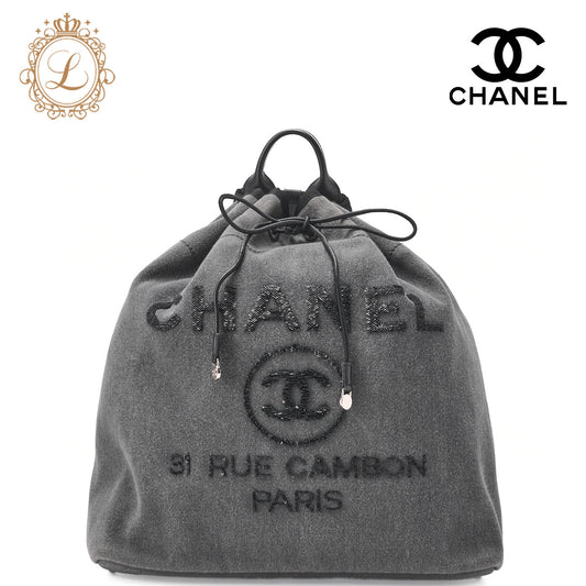 CHANEL Backpack Bag Deauville Drawstring Canvas Denim Gray Silver-Tone Hardware Pre-Owned - Vintage La Charme
