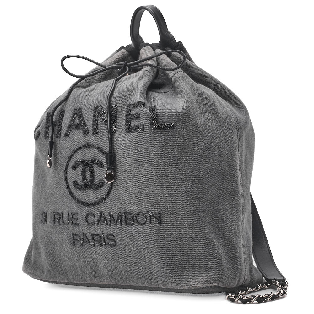 CHANEL Backpack Bag Deauville Drawstring Canvas Denim Gray Silver-Tone Hardware Pre-Owned - Vintage La Charme