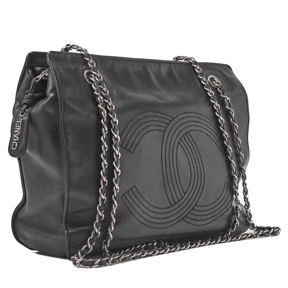CHANEL Shoulder Tote Bag Coco Mark Double Chain Shoulder Lambskin Black Gold-Tone Hardware Pre-Owned - Vintage La Charme