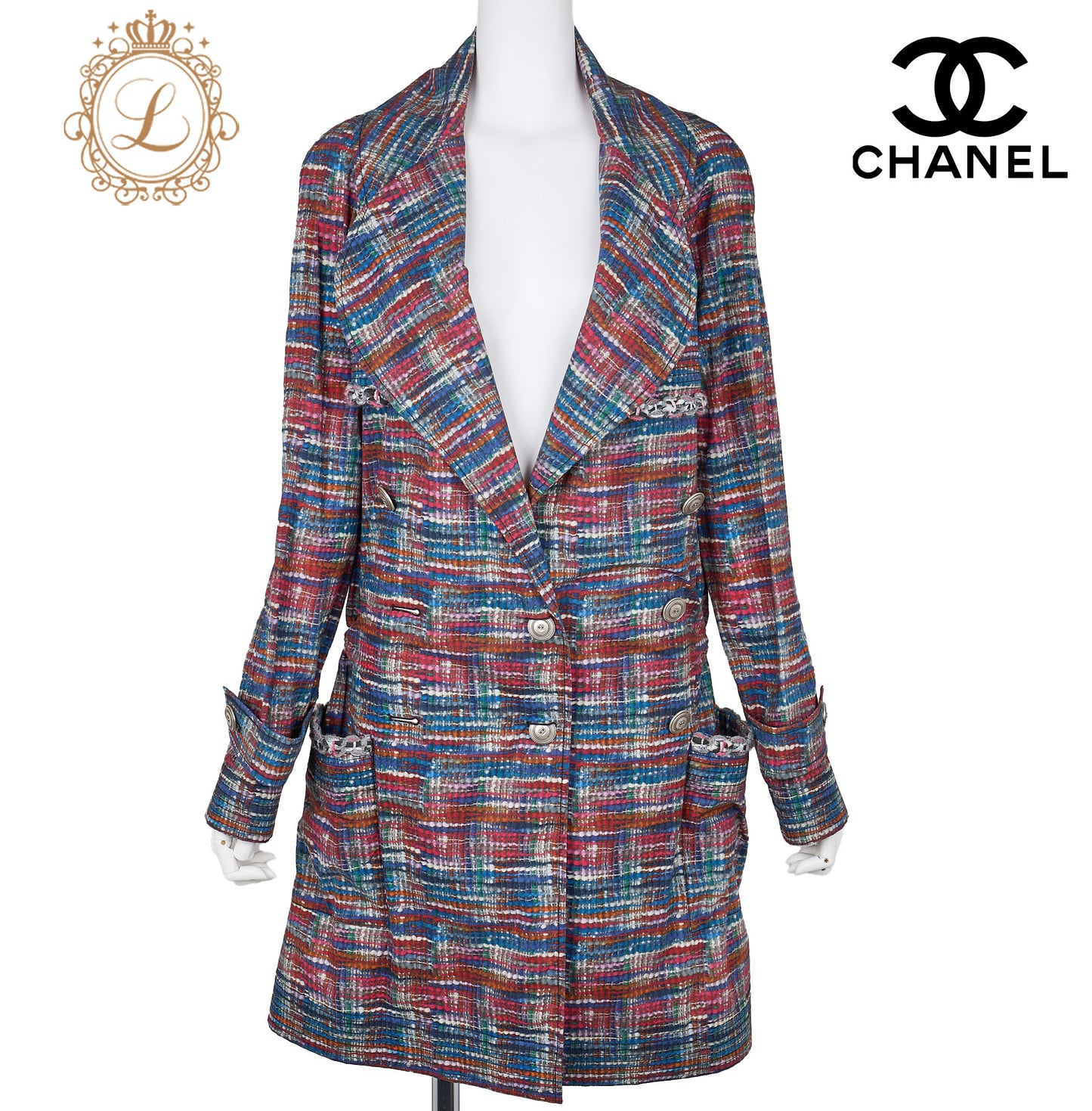 CHANEL Outerwear Jacket, Coco Button, Cotton Polyester Blend, Multicolor, Silver-Tone Hardware, Pre-Owned - Vintage La Charme