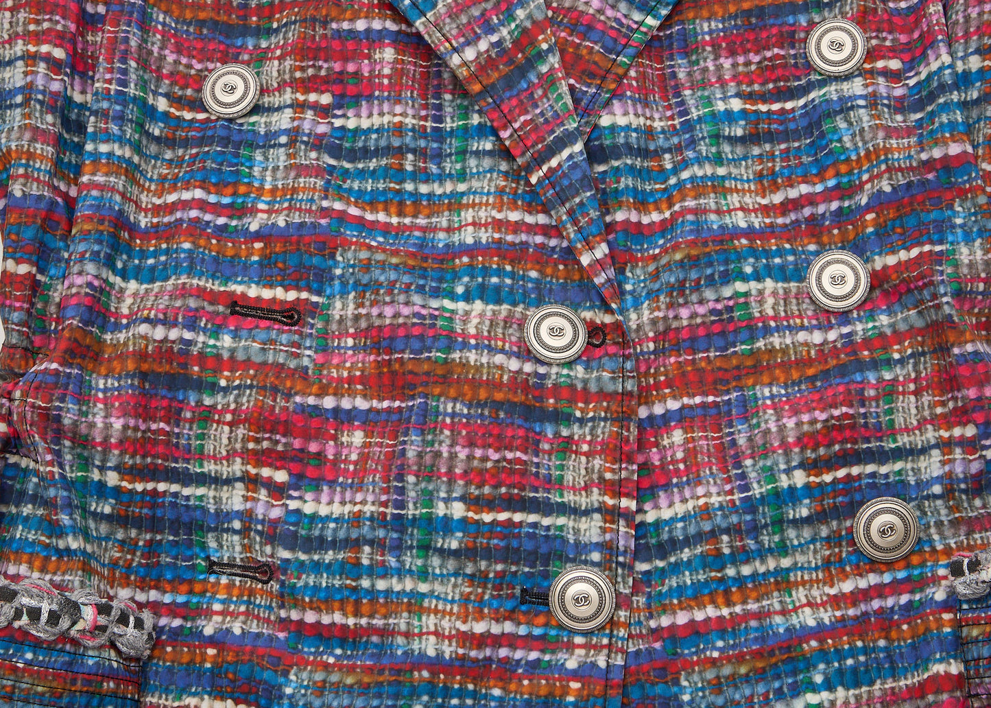 CHANEL Outerwear Jacket, Coco Button, Cotton Polyester Blend, Multicolor, Silver-Tone Hardware, Pre-Owned - Vintage La Charme