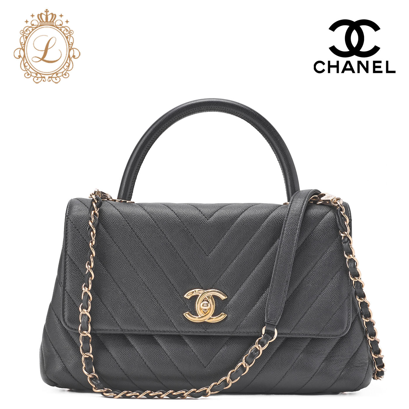 CHANEL Shoulder Bag 2WAY V Stitch Coco Handle Caviar Leather Black Gold-Tone Hardware Pre-Owned - Vintage La Charme