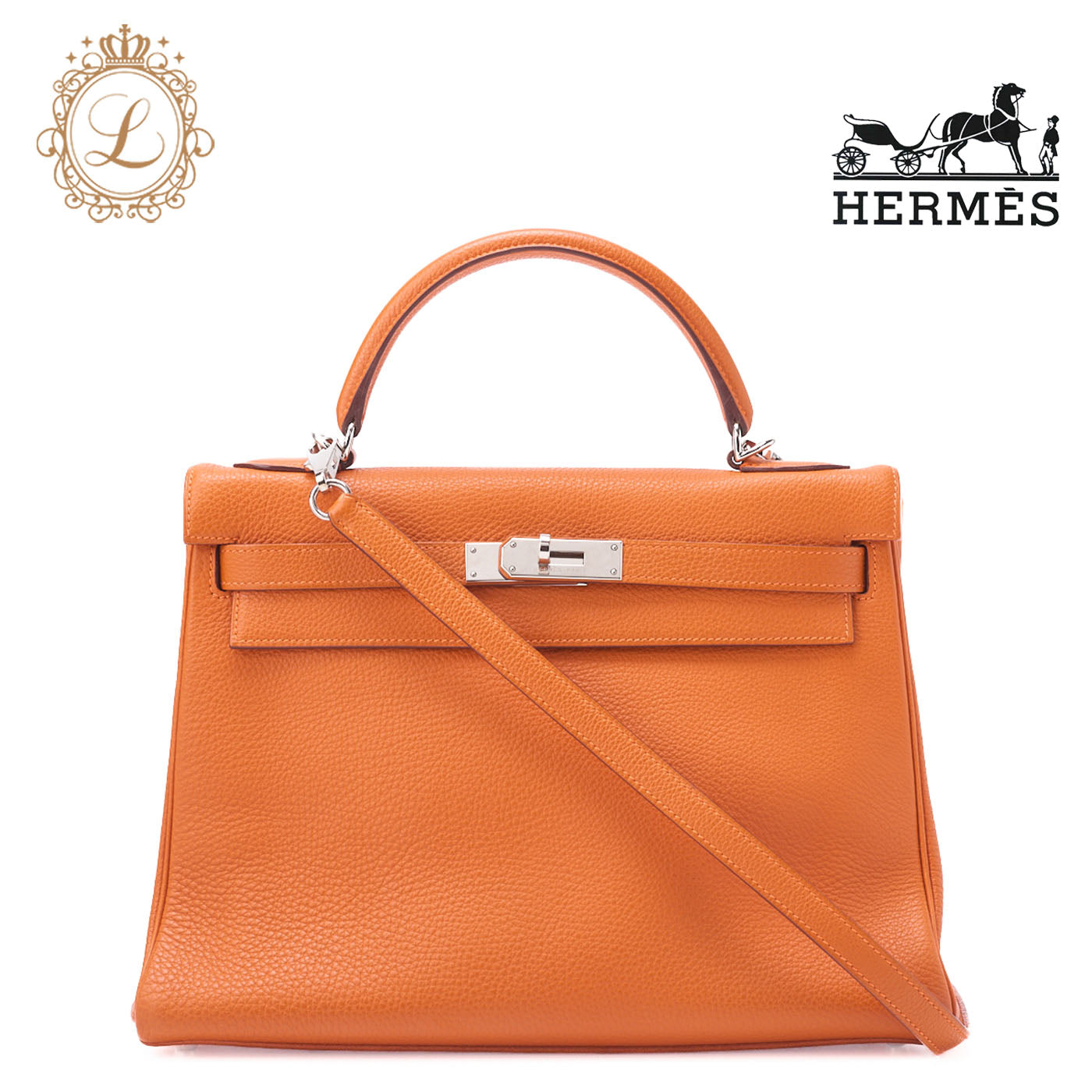HERMES Kelly 32 Handbag, Togo, Orange, Silver-Tone Hardware, Pre-Owned - Vintage La Charme