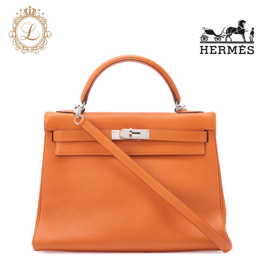 HERMES Kelly 32 Handbag, Togo, Orange, Silver-Tone Hardware, Pre-Owned - Vintage La Charme