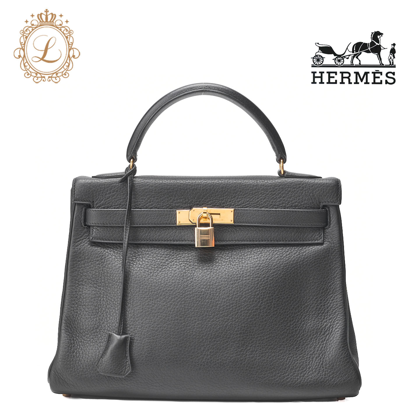 HERMES Kelly 32 Handbag, Tryon Clemence Leather, Black, Gold-Tone Hardware, Pre-Owned - Vintage La Charme