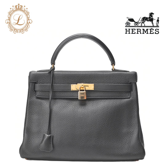 HERMES Kelly 32 Handbag, Tryon Clemence Leather, Black, Gold-Tone Hardware, Pre-Owned - Vintage La Charme