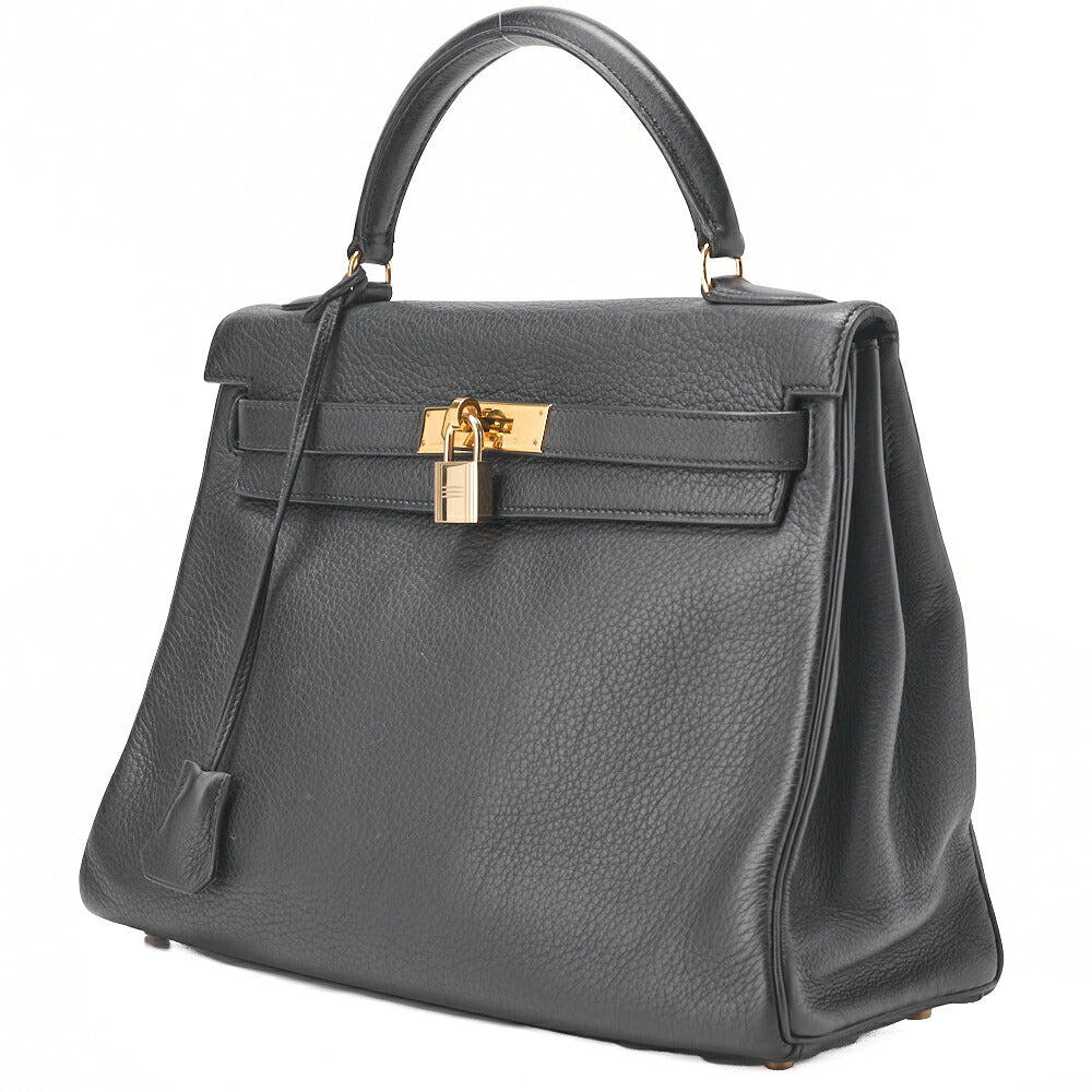 HERMES Kelly 32 Handbag, Tryon Clemence Leather, Black, Gold-Tone Hardware, Pre-Owned - Vintage La Charme