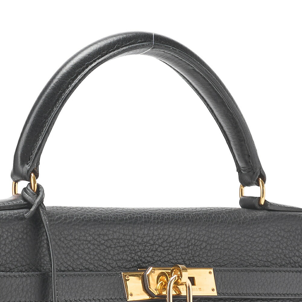 HERMES Kelly 32 Handbag, Tryon Clemence Leather, Black, Gold-Tone Hardware, Pre-Owned - Vintage La Charme