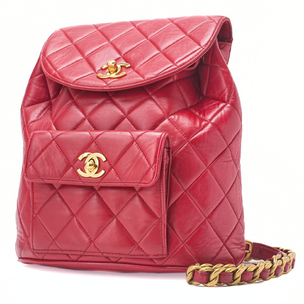 CHANEL Shoulder Backpack Bag Matelasse Outside Flap Turn Lock Lambskin Red Gold-Tone Hardware Pre-Owned - Vintage La Charme
