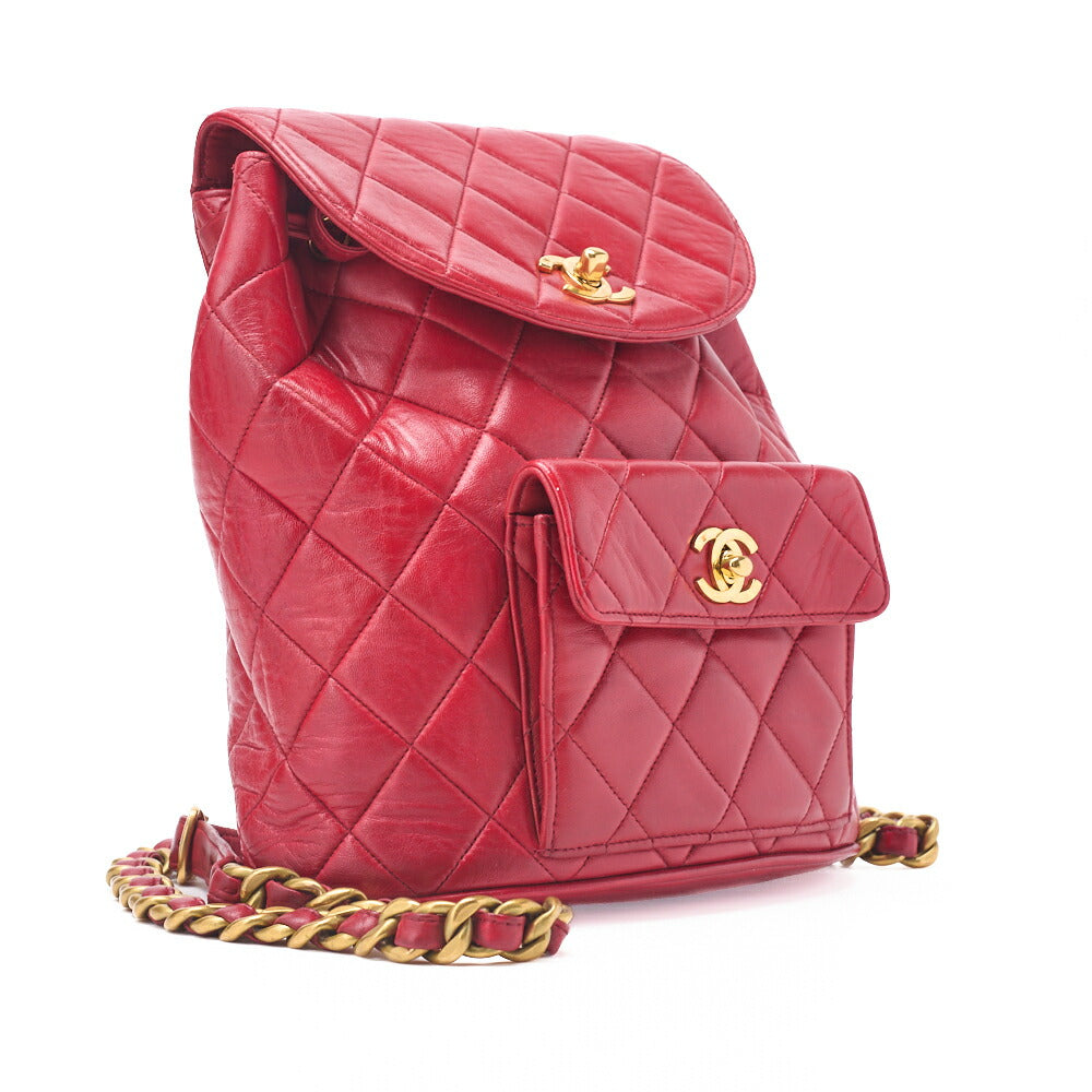 CHANEL Shoulder Backpack Bag Matelasse Outside Flap Turn Lock Lambskin Red Gold-Tone Hardware Pre-Owned - Vintage La Charme