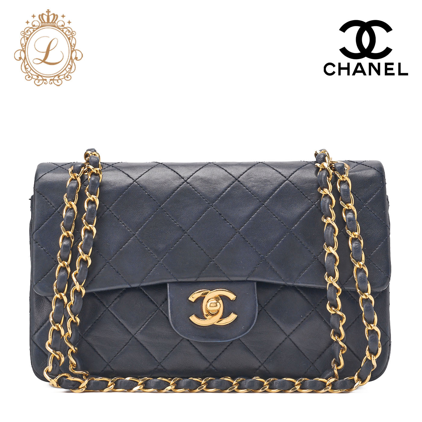 Chanel Shoulder Bag Matelasse Double Flap Lambskin Navy Gold-Tone Hardware Pre-Owned - Vintage La Charme