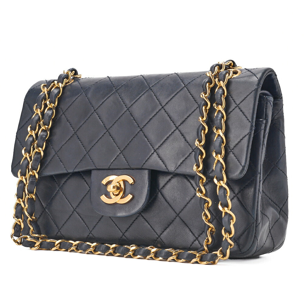 Chanel Shoulder Bag Matelasse Double Flap Lambskin Navy Gold-Tone Hardware Pre-Owned - Vintage La Charme