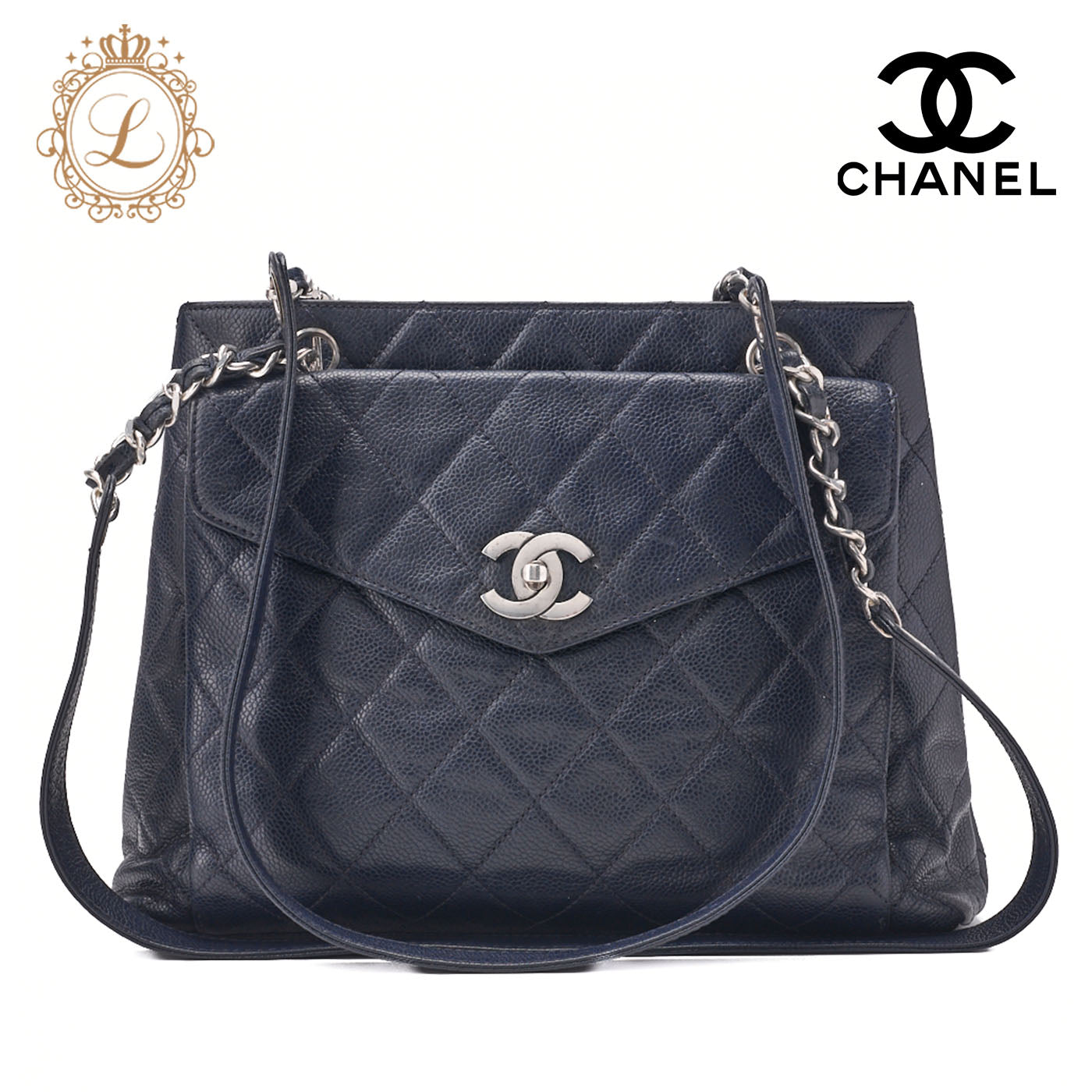 CHANEL Shoulder Bag, Matelasse, Caviar Skin, Navy, Silver-Tone Hardware, Pre-Owned - Vintage La Charme