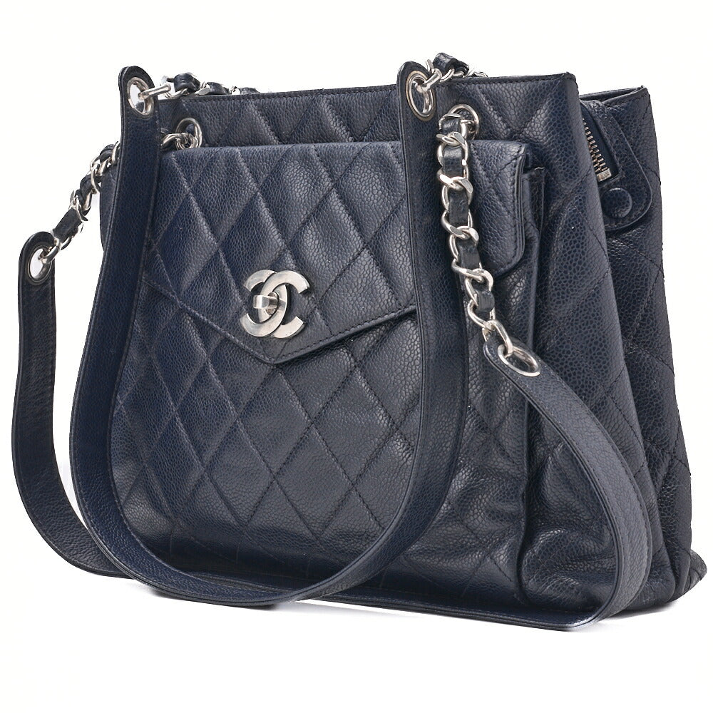 CHANEL Shoulder Bag, Matelasse, Caviar Skin, Navy, Silver-Tone Hardware, Pre-Owned - Vintage La Charme