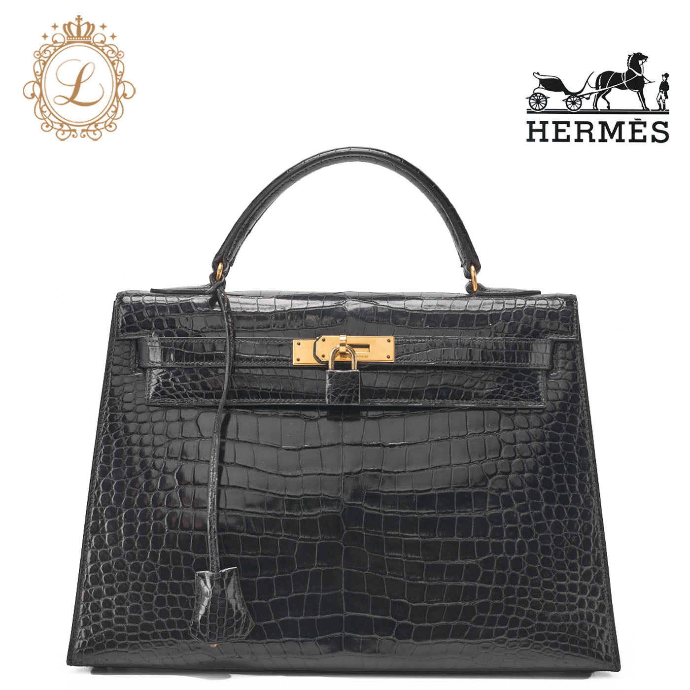 Hermes Kelly 32 Handbag Crocodile Black Gold-Tone Hardware Pre-Owned - Vintage La Charme