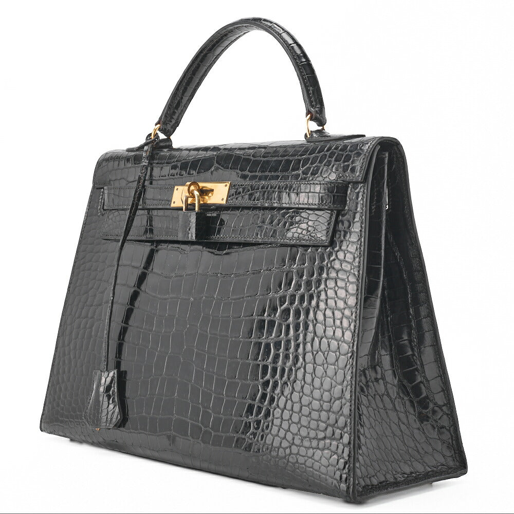 Hermes Kelly 32 Handbag Crocodile Black Gold-Tone Hardware Pre-Owned - Vintage La Charme