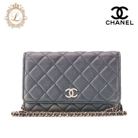 CHANEL Chain Wallet Matelasse Caviar Leather Sparkle Black Gold-Tone Hardware Pre-Owned - Vintage La Charme