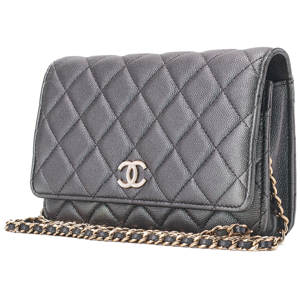 CHANEL Chain Wallet Matelasse Caviar Leather Sparkle Black Gold-Tone Hardware Pre-Owned - Vintage La Charme