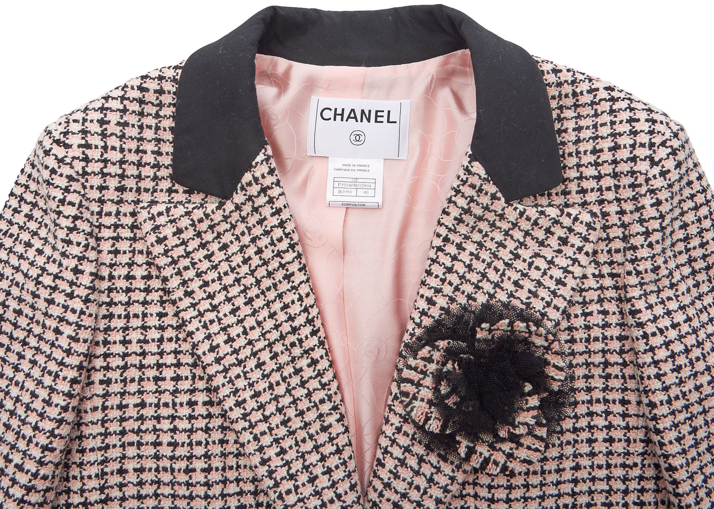 CHANEL Tweed Jacket, Coco Button Corsage, Cotton, Pink, Gold-Tone Hardware, Pre-Owned - Vintage La Charme