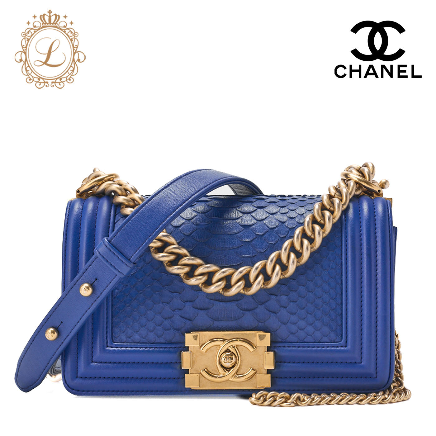 CHANEL Boy Chanel Matelasse Chain Shoulder Bag Lambskin Python Blue Gold-Tone Hardware Pre-Owned - Vintage La Charme