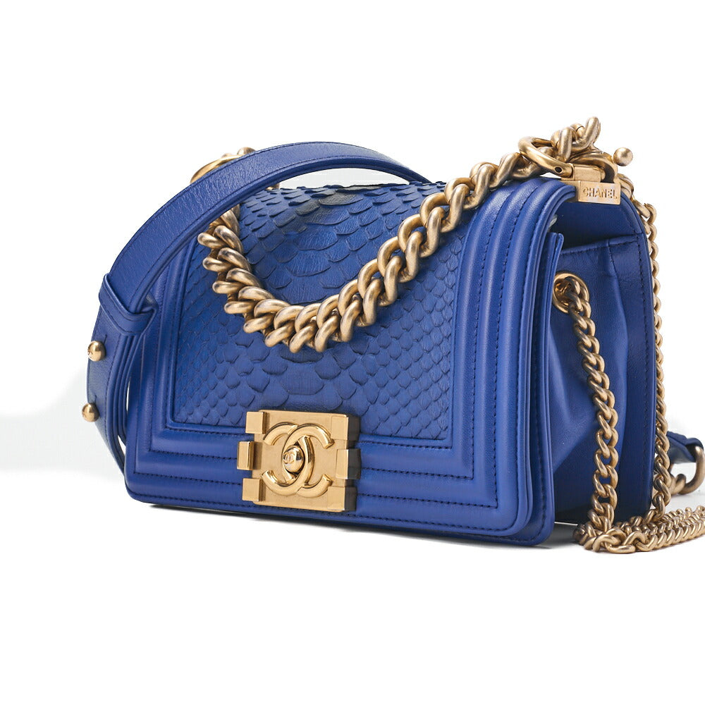 CHANEL Boy Chanel Matelasse Chain Shoulder Bag Lambskin Python Blue Gold-Tone Hardware Pre-Owned - Vintage La Charme