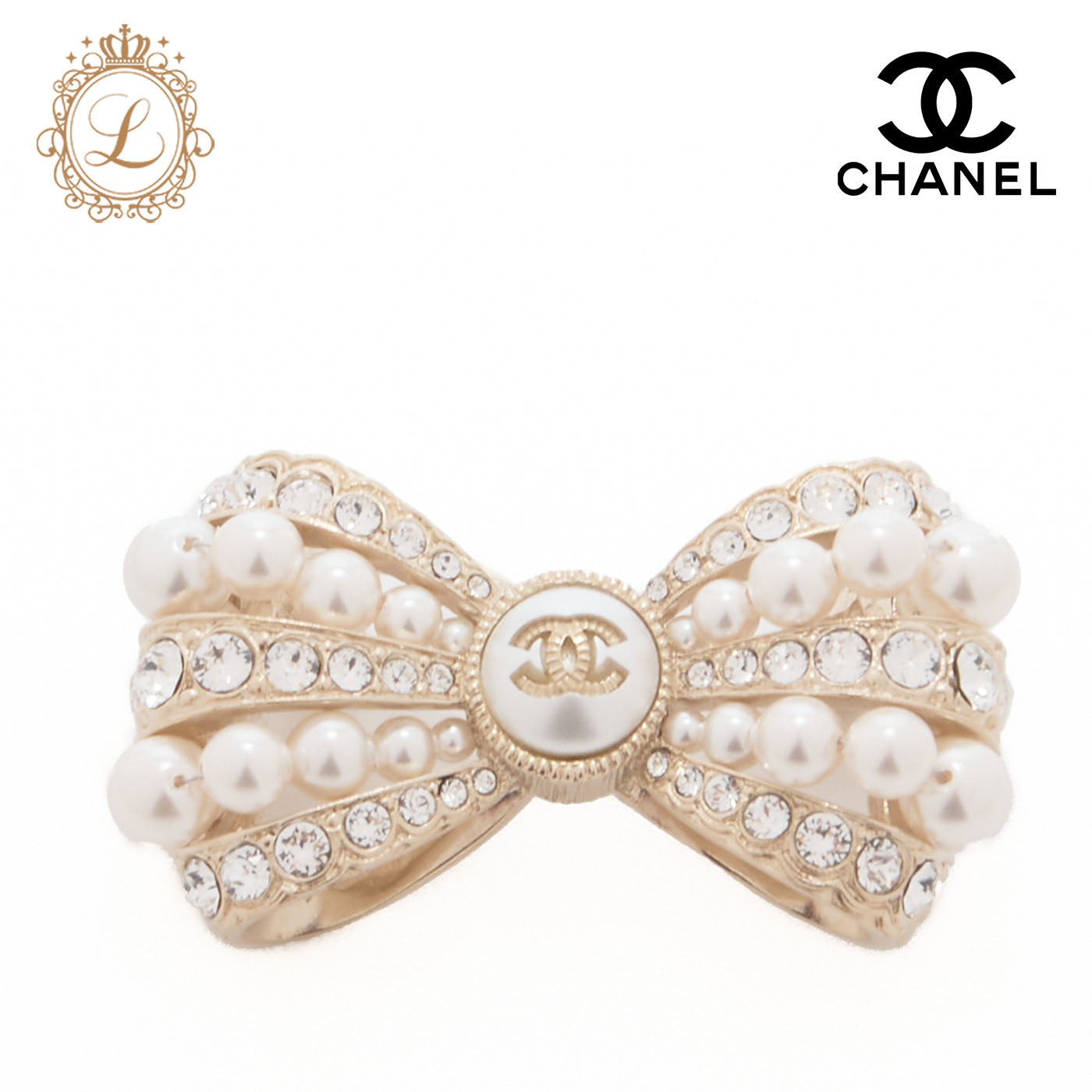 CHANEL Brooch Ribbon Coco Mark Pearl Rhinestone Gold-Plated Gold-Tone Hardware Pre-Owned - Vintage La Charme