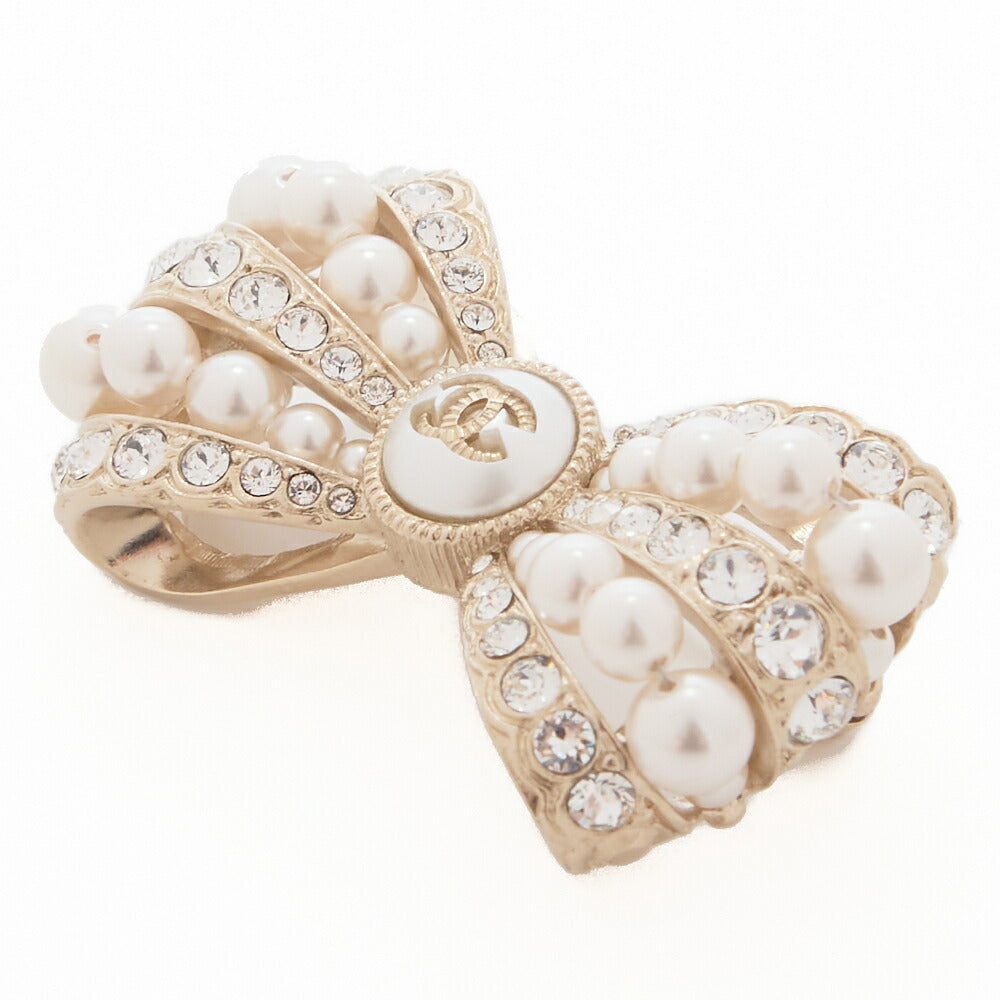 CHANEL Brooch Ribbon Coco Mark Pearl Rhinestone Gold-Plated Gold-Tone Hardware Pre-Owned - Vintage La Charme
