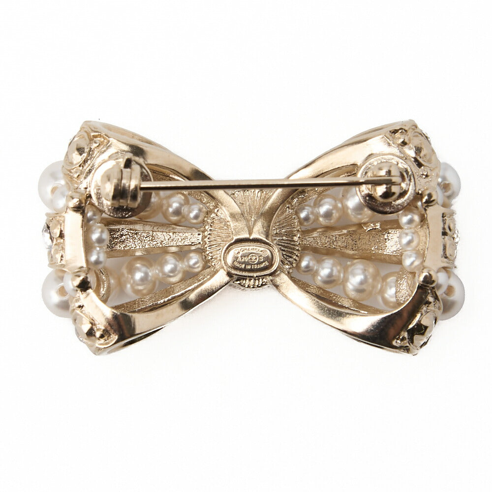 CHANEL Brooch Ribbon Coco Mark Pearl Rhinestone Gold-Plated Gold-Tone Hardware Pre-Owned - Vintage La Charme
