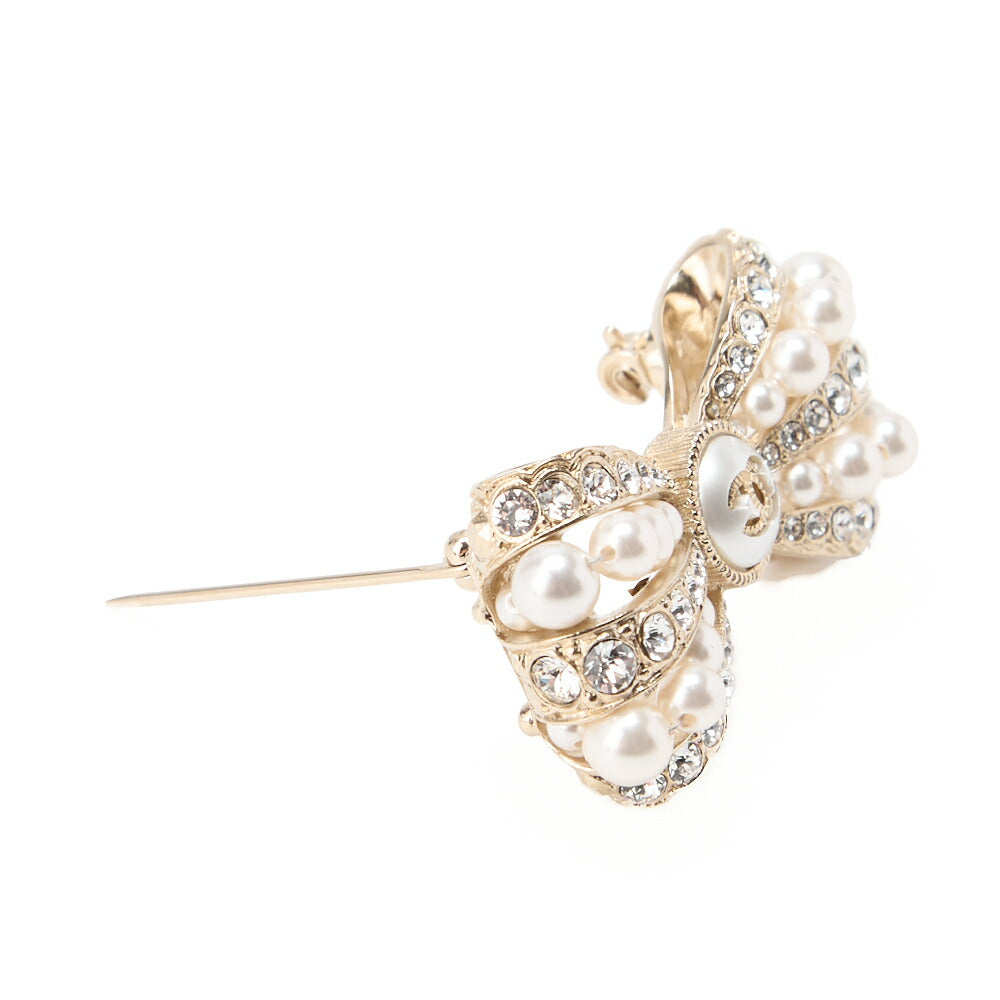 CHANEL Brooch Ribbon Coco Mark Pearl Rhinestone Gold-Plated Gold-Tone Hardware Pre-Owned - Vintage La Charme