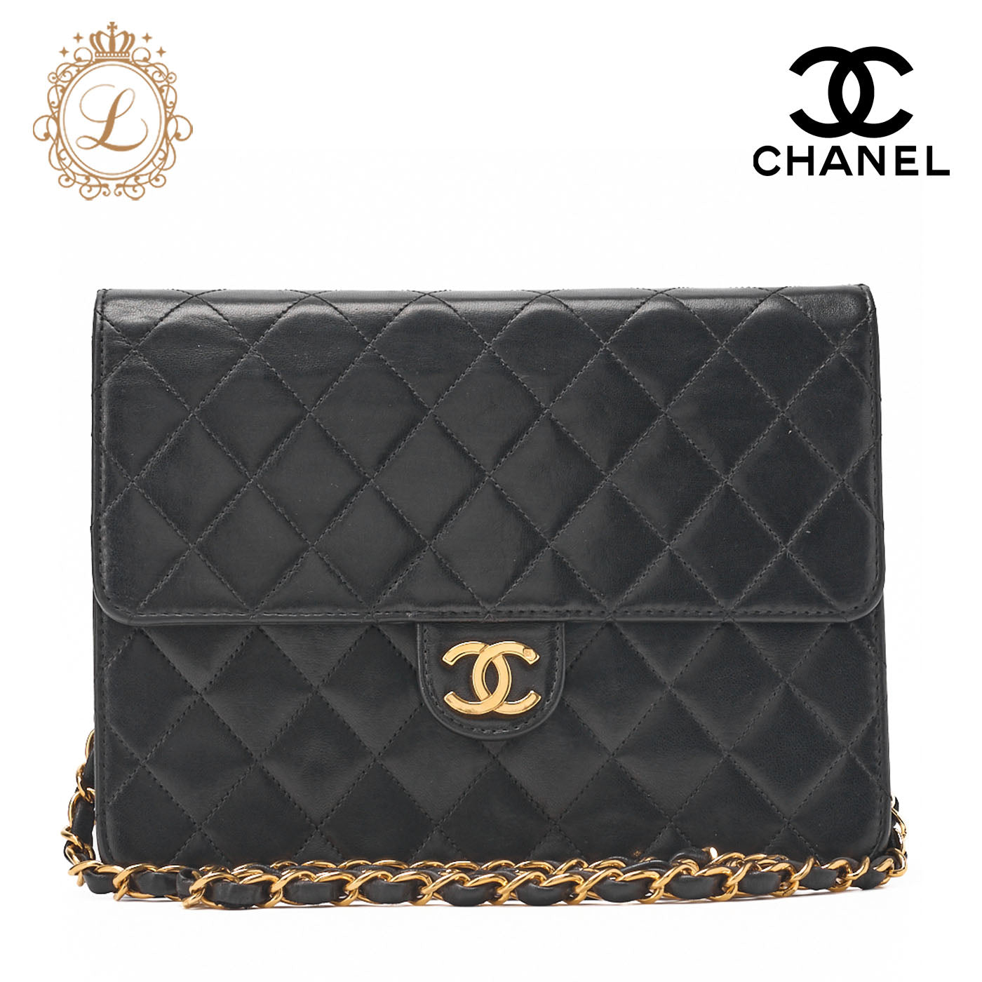 CHANEL Shoulder Bag, Matelasse Push Lock Chain Shoulder, Lambskin, Black, Gold-Tone Hardware, Pre-Owned - Vintage La Charme
