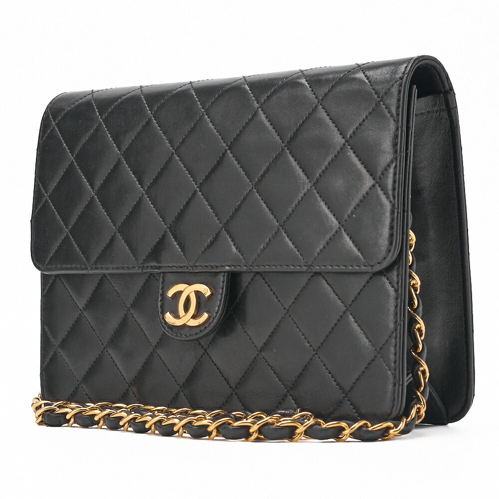 CHANEL Shoulder Bag, Matelasse Push Lock Chain Shoulder, Lambskin, Black, Gold-Tone Hardware, Pre-Owned - Vintage La Charme