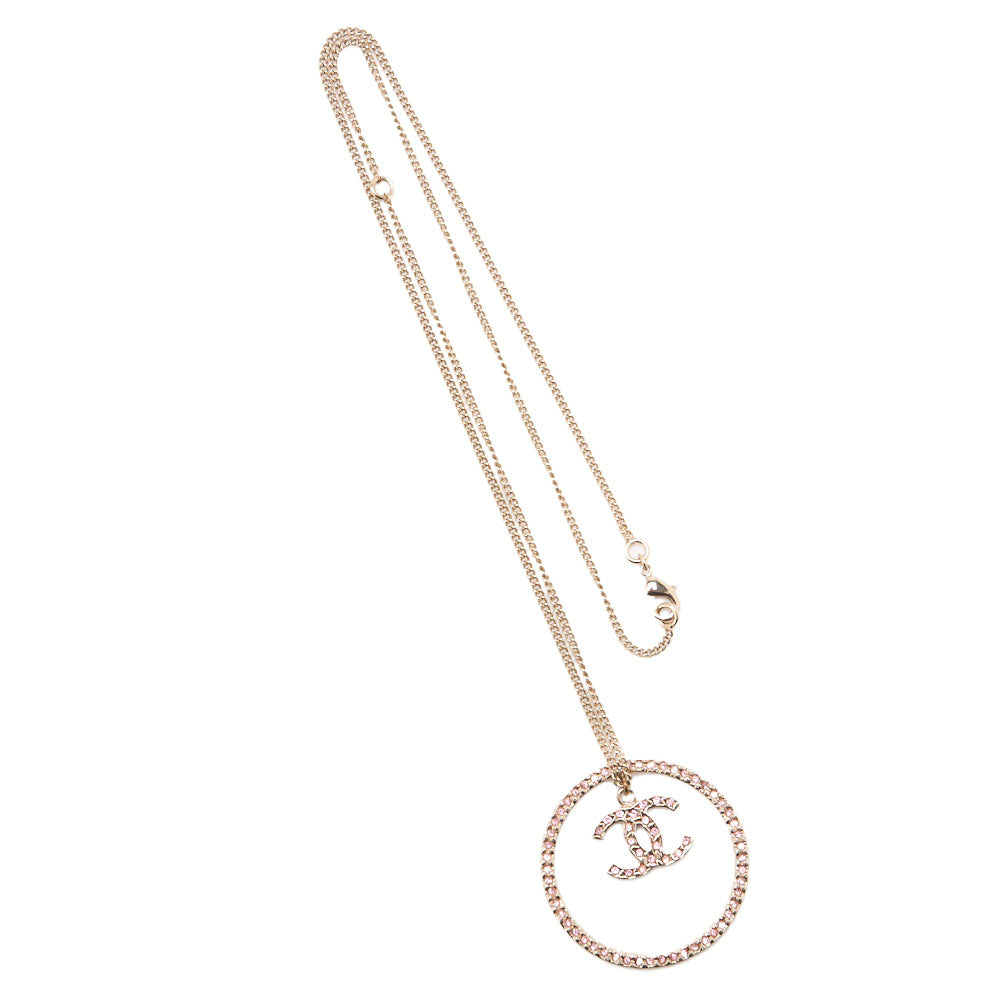 Chanel Necklace, Coco Mark Circle, Rhinestone, Gold Plated, Pink, Gold-Tone Hardware, Pre-Owned - Vintage La Charme